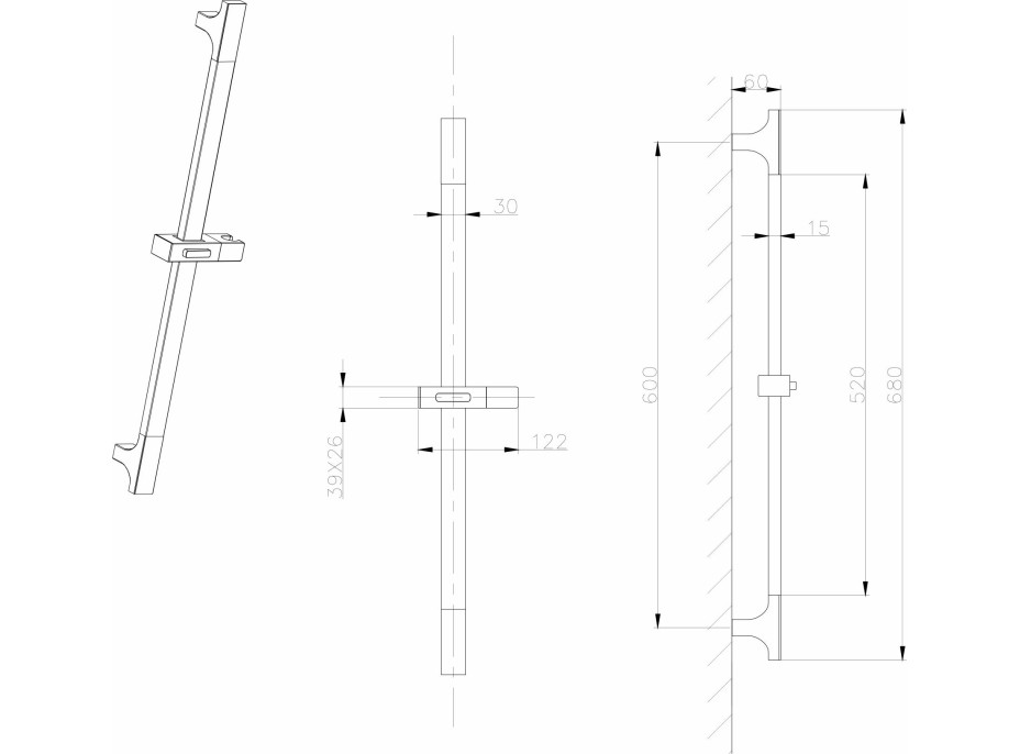 Sapho Sprchová tyč posuvný držiak, 680mm, ABS/chróm 1206-09