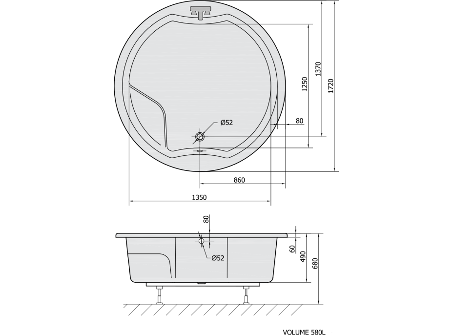 Polysan ROYAL ROUND guľatá vaňa s konštrukciou 172x172x49cm, biela 73211