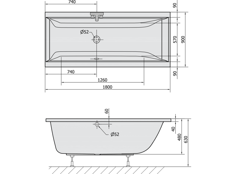 Polysan CLEO obdĺžniková vaňa 180x90x48cm, biela mat 13111.11