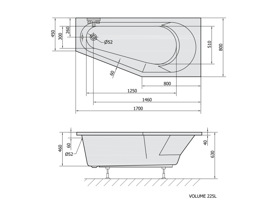 Polysan TIGRA R asymetrická vaňa 170x80x46cm, čierna mat 90611.21