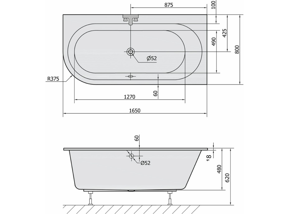 Polysan ASTRA R SLIM asymetrická vaňa 165x80x48cm, biela 34611S