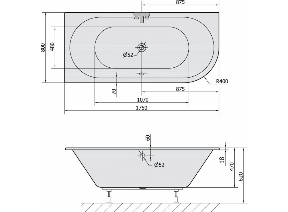 Polysan VIVA L SLIM asymetrická vaňa 175x80x47cm, biela 70119S