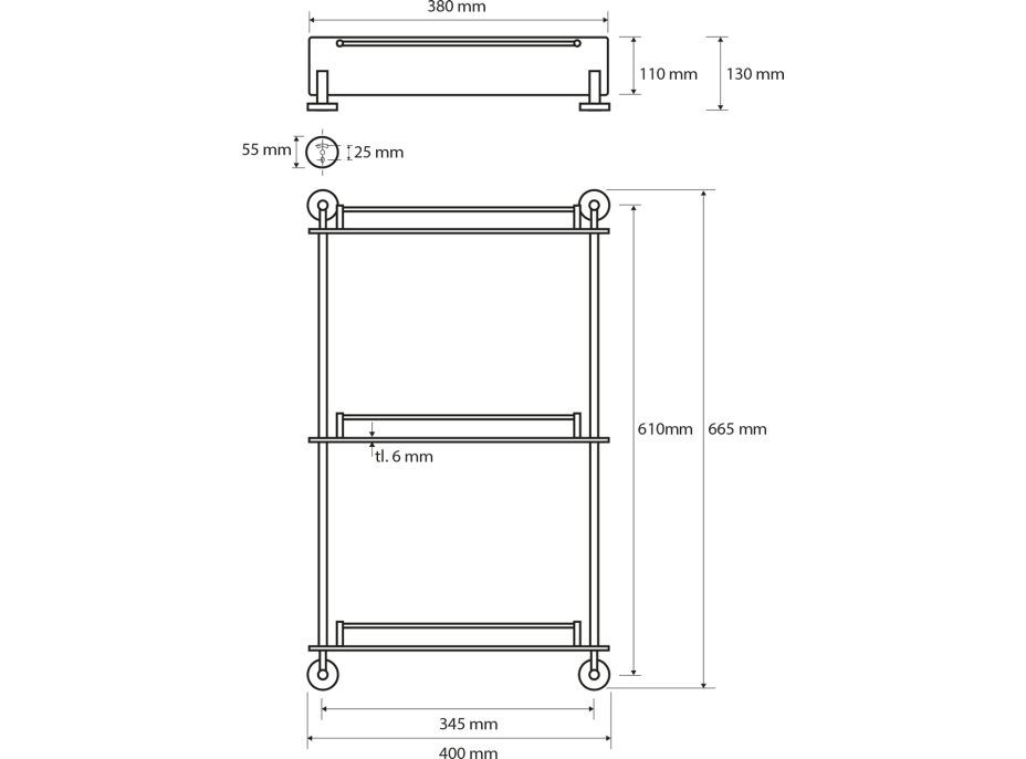 Sapho X-ROUND E sklenená polička trojitá s hrazdou 380x675x130mm, chróm XR608