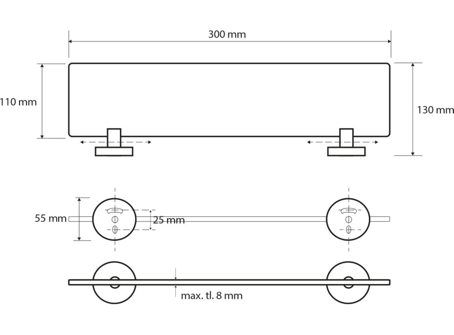 Sapho X-ROUND E sklenená polička 300x130mm, mliečne sklo, chróm XR601