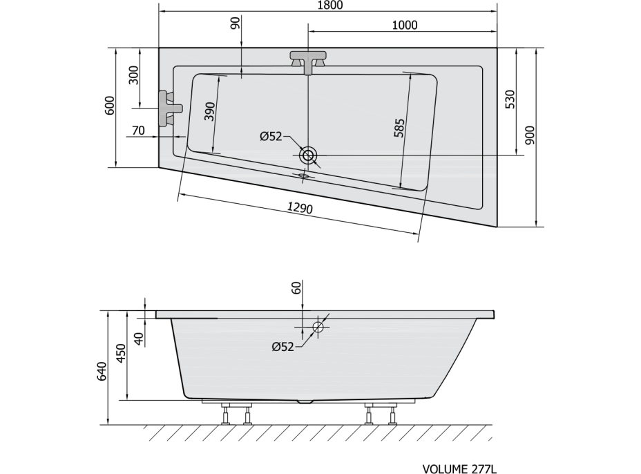 Polysan ANDRA R asymetrická vaňa 180x90x45cm, biela 78771