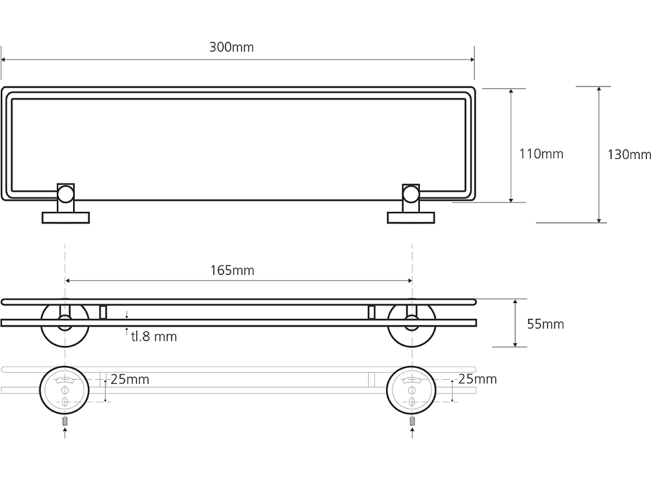 Sapho X-ROUND E sklenená polička s výklopnou hrazdou 300x130mm, mliečne sklo, chróm XR607