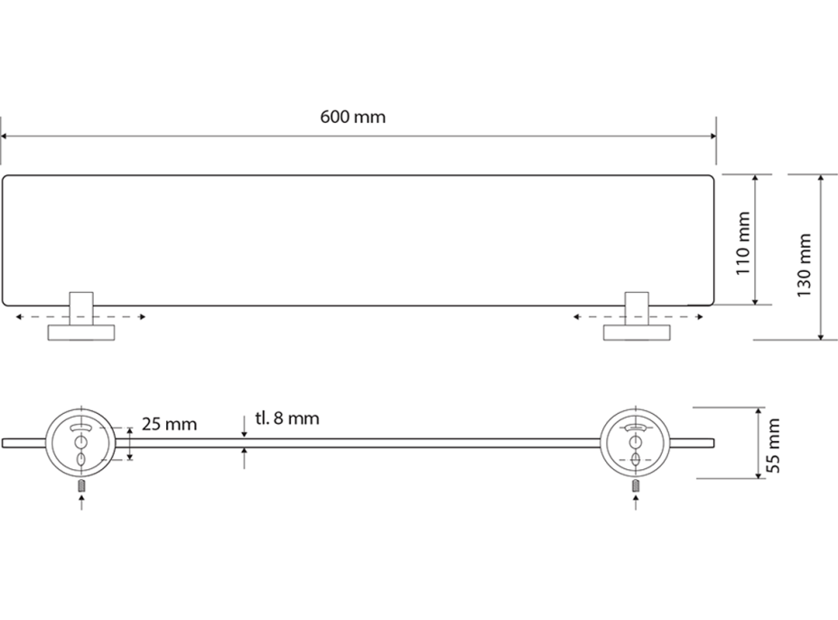 Sapho X-ROUND BLACK sklenená polička, 600mm, čierna XR609B