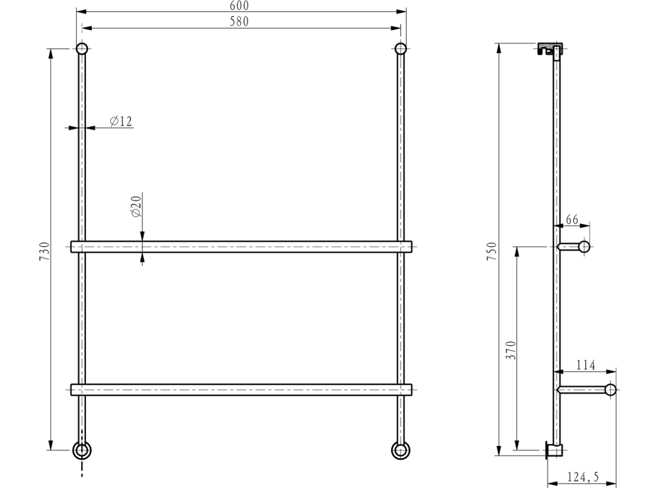 Sapho Závesný držiak uterákov na sprchovú zástenu 600x730x125mm, chróm 1301-09