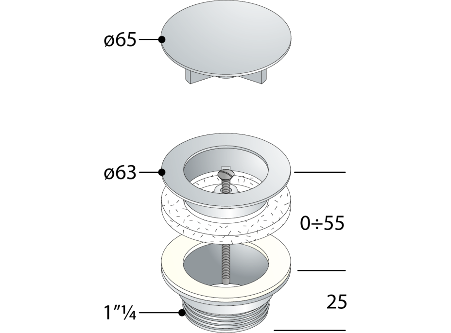 Omp Tea Umývadlová výpusť 5/4“, neuzatvárateľná, veľká krytka, hr.10-55mm, čierna 542.742.5B