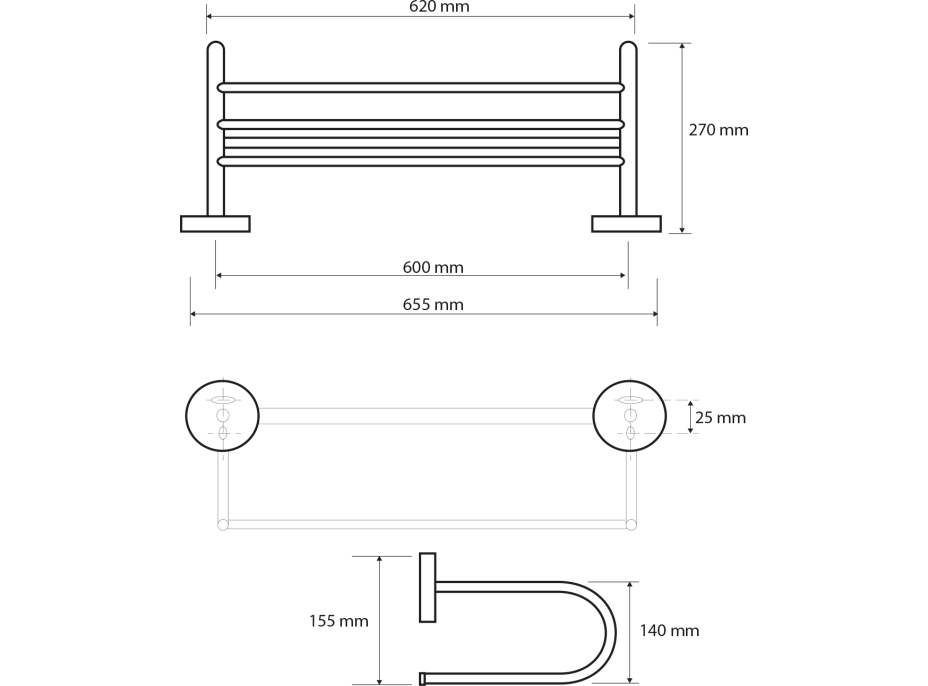 Sapho X-ROUND E polička na uteráky U typ, 600mm, chróm XR418