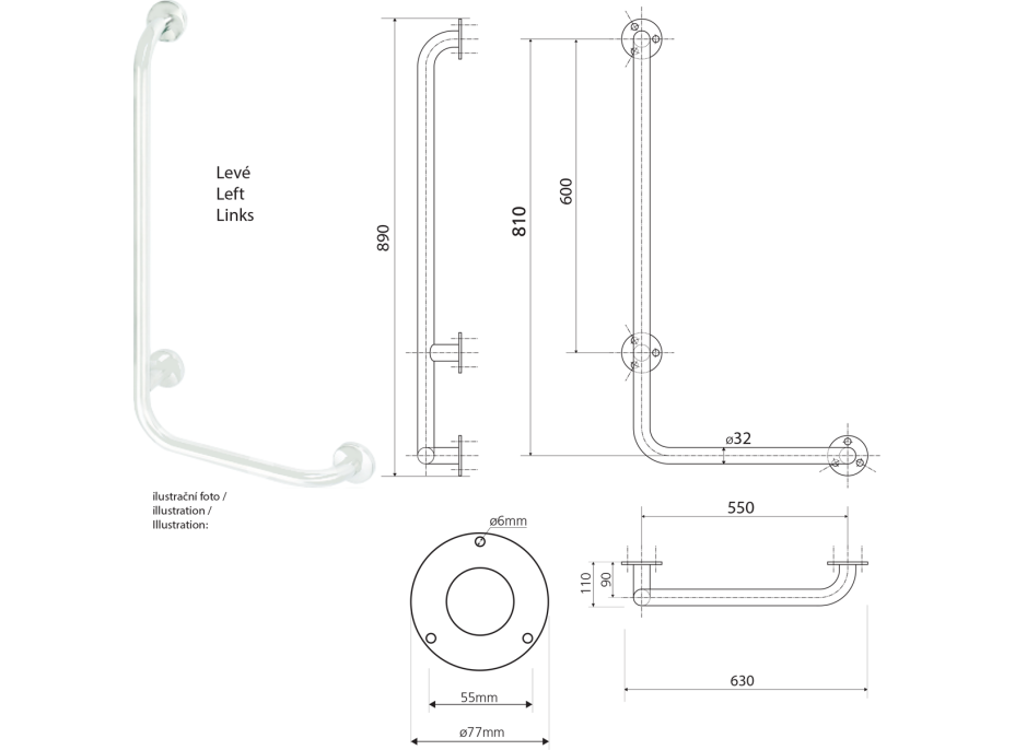 Sapho HANDICAP nástenné madlo ĽAVÉ 810x550mm, nerez lesk XH522