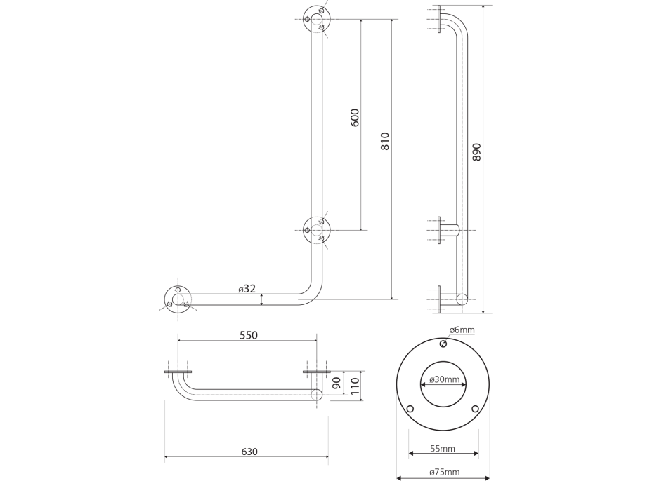 Sapho HANDICAP nástenné madlo PRAVÉ 810x550mm, biela XH524W