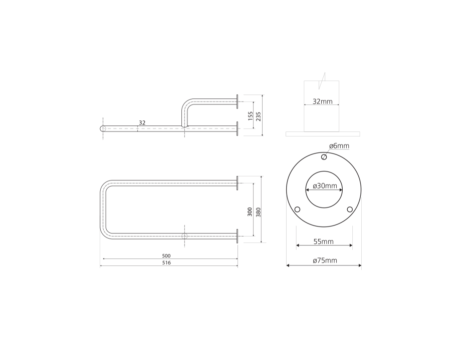 Sapho HANDICAP podperné madlo PRAVÉ 500mm, biela XH534W