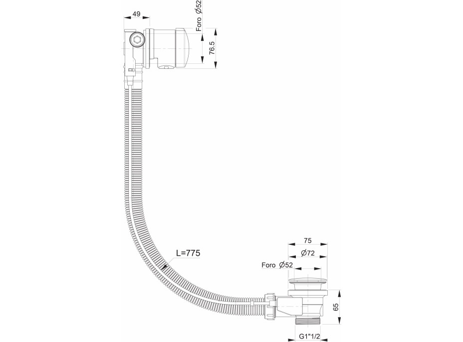 Polysan Vaňová súprava s napúšťaním, bovden, dĺžka 775mm, zátka 72mm, zlato 71685G