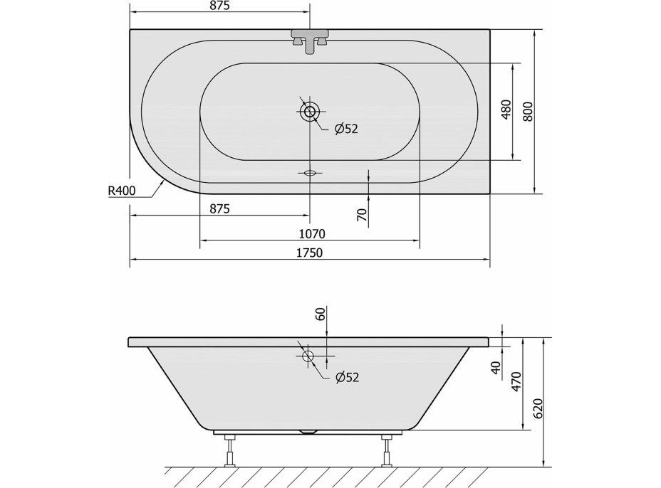 Polysan VIVA R asymetrická vaňa 175x80x47cm, čierna mat 78119.21