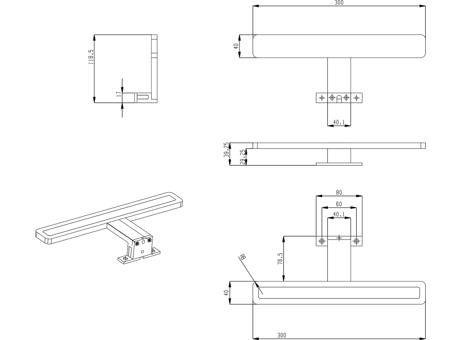 Sapho MIRAKA LED svietidlo 5W, 230V, 300x35x120mm, akryl, chróm MR300