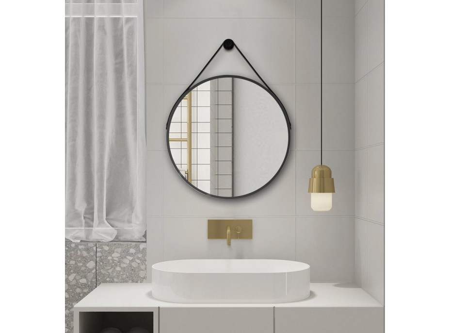 Aqualine STAGO okrúhle zrkadlo ø 60cm, kožený opasok, čierna mat SG065
