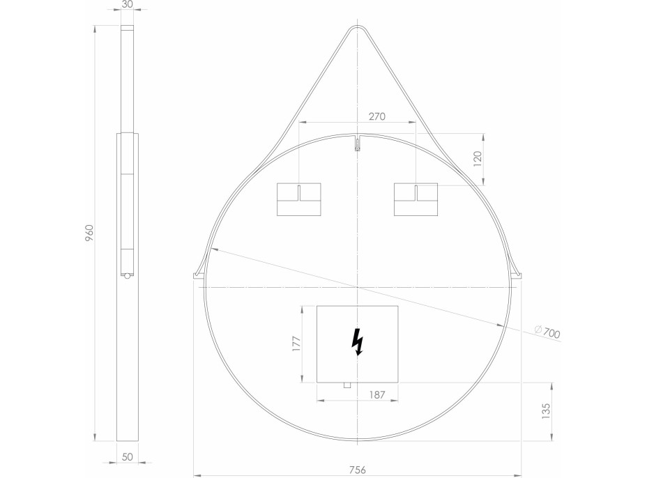 Sapho ORBITER okrúhle zrkadlo s LED osvetlením ø 70cm, kožený opasok, čierna mat ORL070