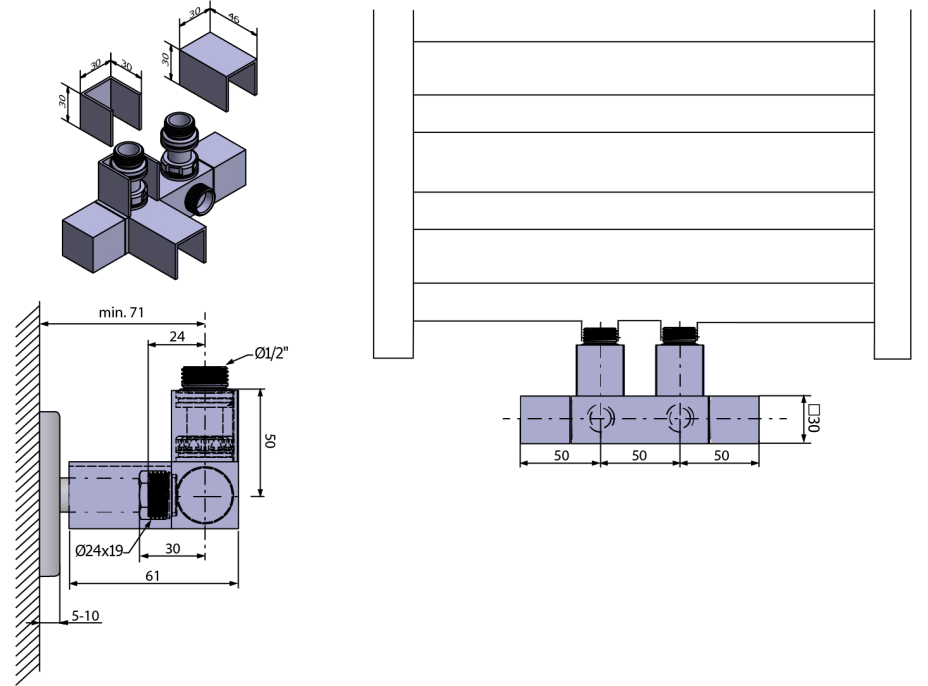 Sapho CUBE TWIN pripojovacia sada ventilov pre stredové pripojenie, chróm CP581S