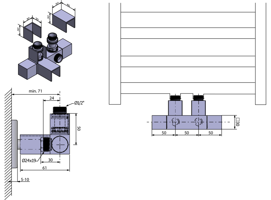 Sapho CUBE TWIN pripojovacia sada ventilov pre stredové pripojenie, nerez mat CP582S