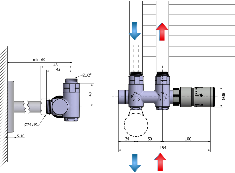 Sapho TWIN COMBI pripojovacia sada ventilov termostatická pre stredové pripojenie, pravá, chróm CP5010S