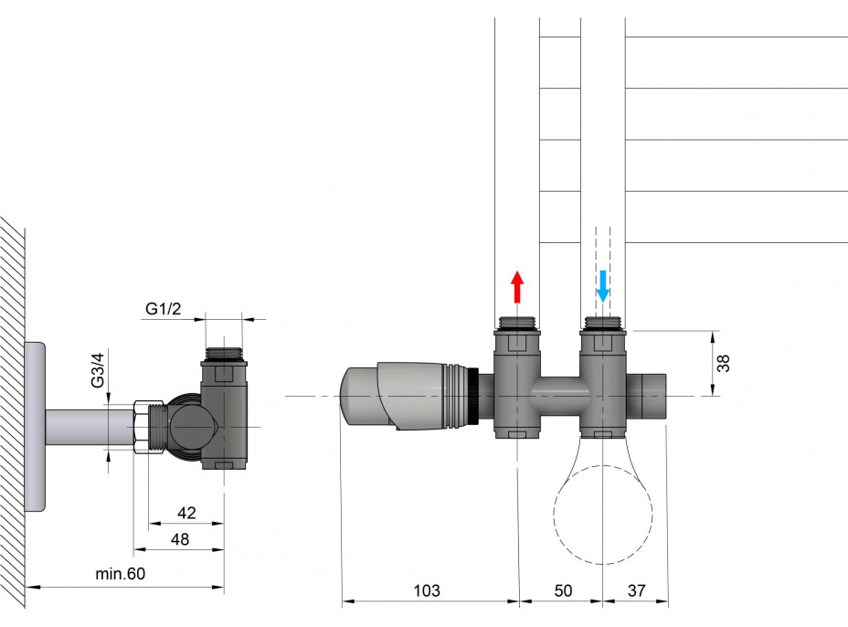 Bruckner WICHER COMBI pripojovacia sada termostatická pre stredové pripojenie 50mm, čierna mat 600.331.6