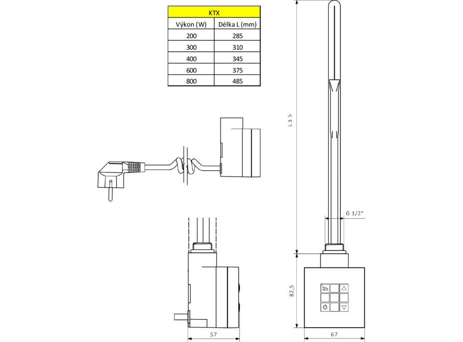 Sapho KTX vykurovacia tyč s termostatom, 600 W, chróm KTX-C-600