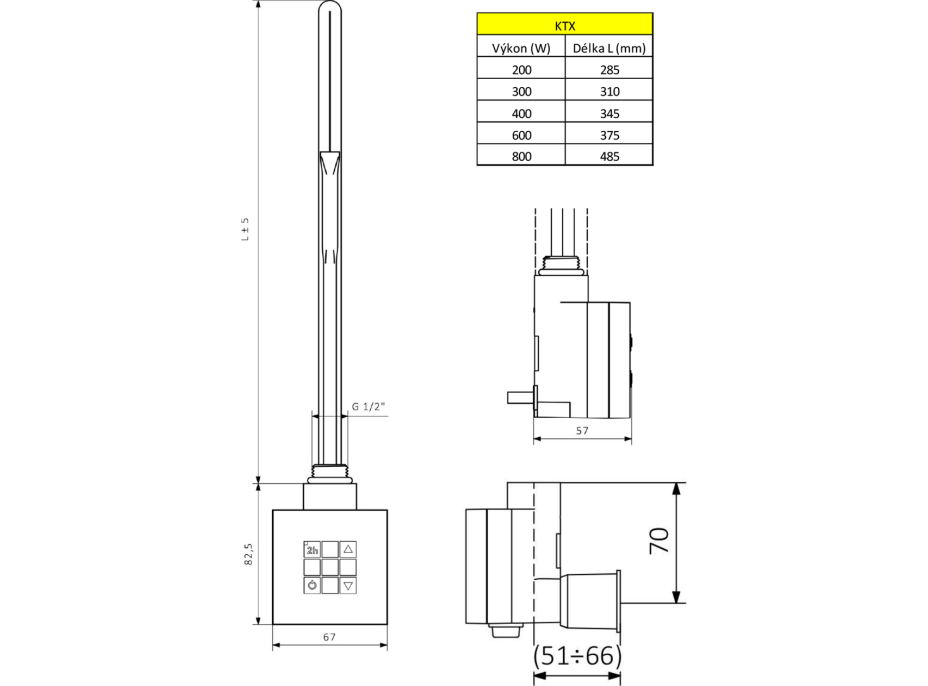 Sapho KTX vykurovacia tyč s termostatom, s krytom pre kábel, 300 W, chróm KTX-CW-300