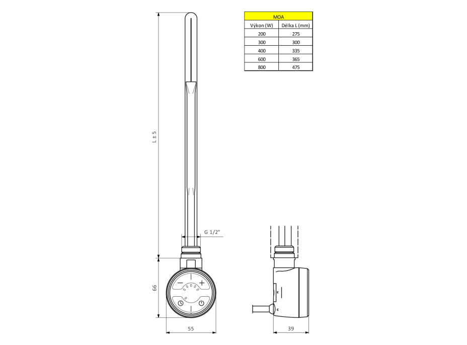 Sapho MOA vykurovacia tyč s termostatom, 600 W, chróm MOA-C-600