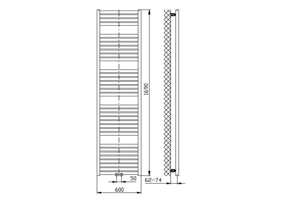 Aqualine TONDI vykurovacie teleso rovné 600x1690 mm, stredové pripojenie, biela DT490T