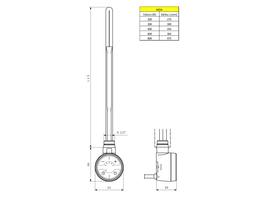 Sapho MOA vykurovacia tyč s termostatom a bluetooth, 300 W, čierna MOA-B-300