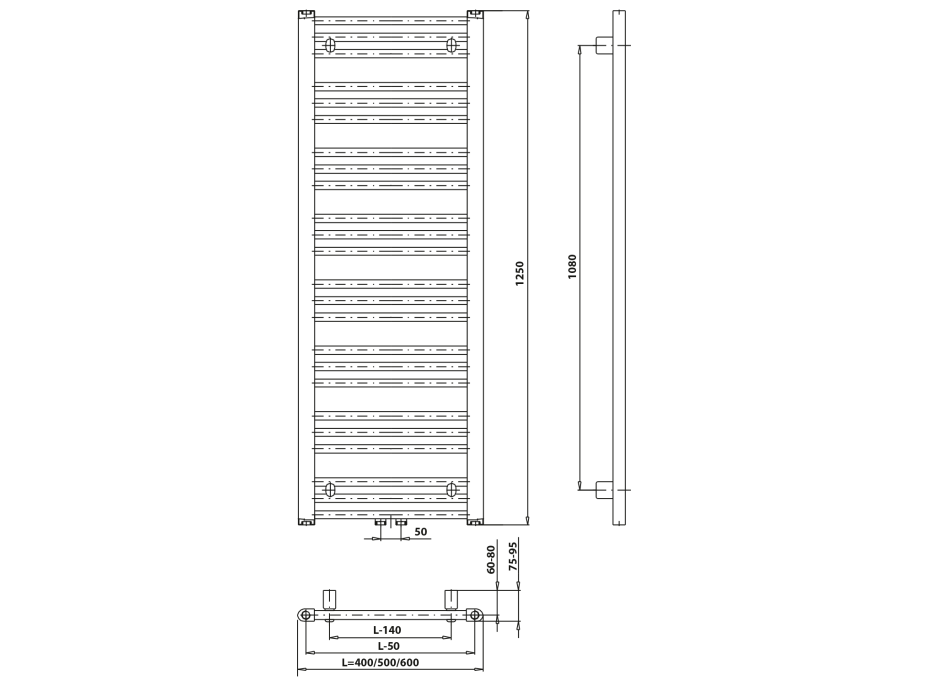 Bruckner ALBRECHT vykurovacie teleso 400x1250mm, stredové pripojenie, chróm 600.112.1