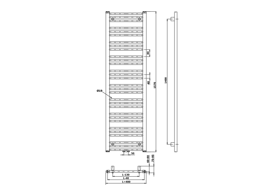 Bruckner ALBRECHT vykurovacie teleso 400x1570 mm, stredové pripojenie, čierna mat 600.113.6