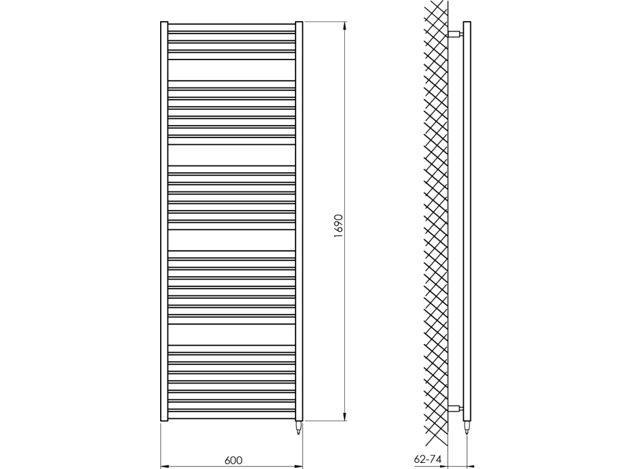 Aqualine TONDI-E elektrické vykurovacie teleso rovné 600x1690 mm, 800 W, čierna mat DE496T