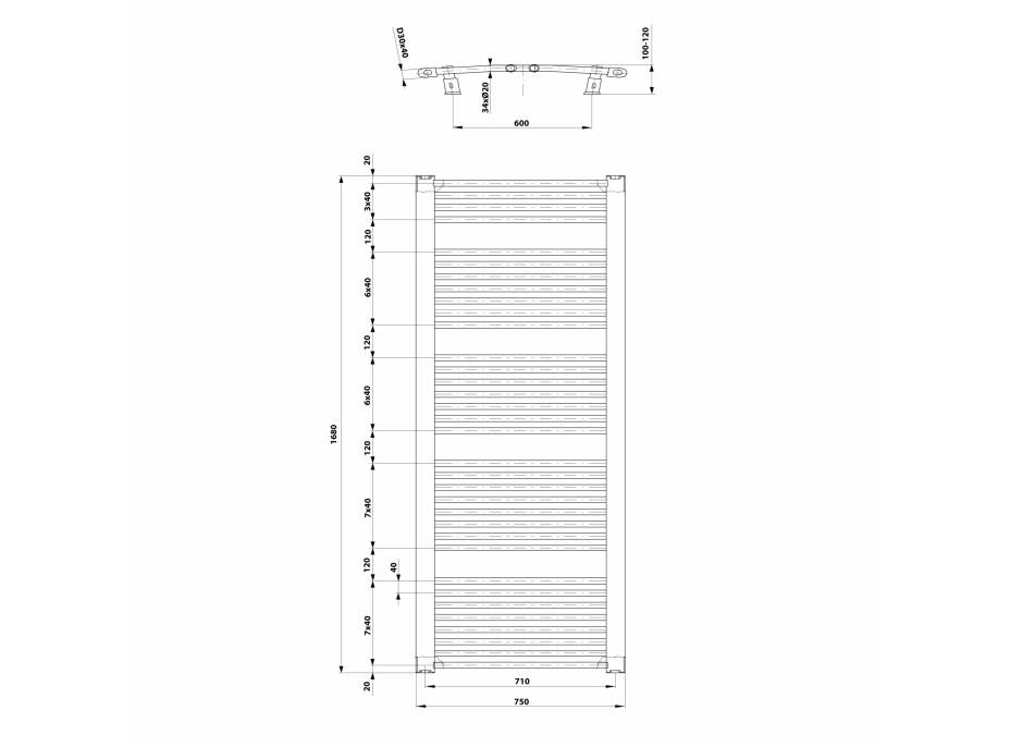 Aqualine ORBIT vykurovacie teleso s bočným pripojením 750x1680 mm, biela ILO67T