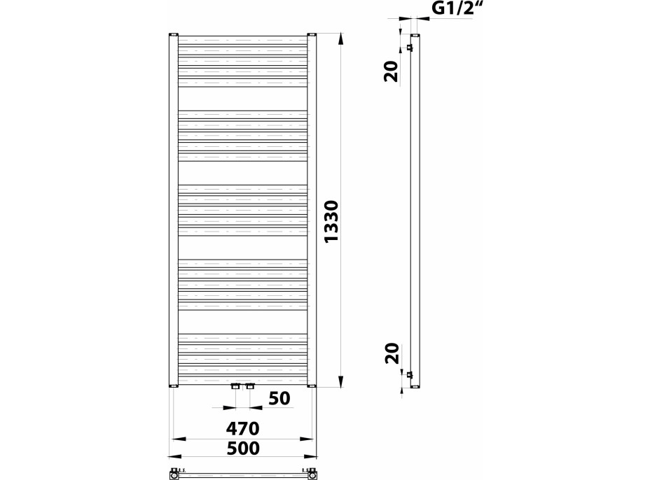 Bruckner GRUNT vykurovacie teleso rovné 500x1330 mm, stredové pripojenie, čierna mat 600.122.6