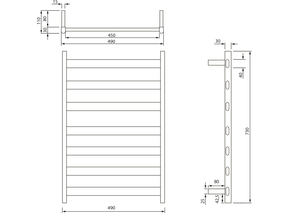 Sapho ELIAS elektrický sušiak uterákov 490x730x110 mm, 105 W, čierna mat EB550