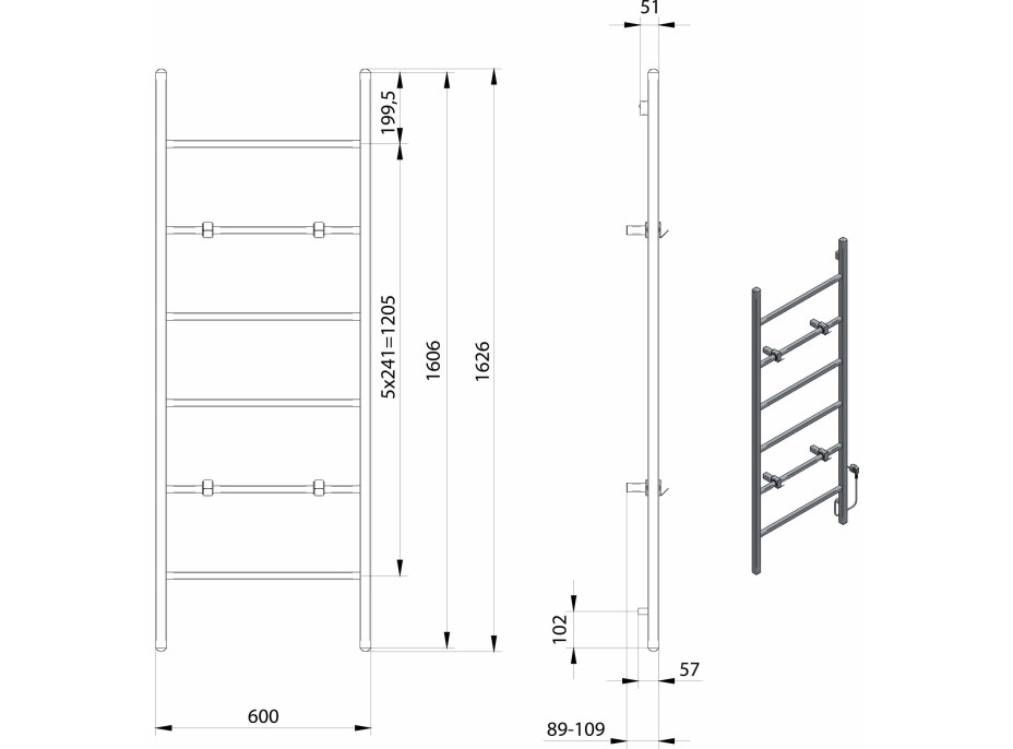Sapho BARBO elektrický sušiak uterákov, hranatý, 600x1600mm, 160 W, čierna mat BB906