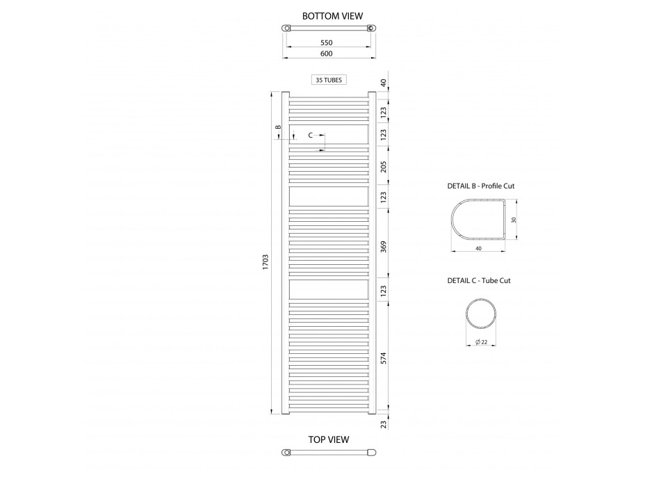 Aqualine ALYA vykurovacie teleso rovné 600x1703mm, chróm LLR106