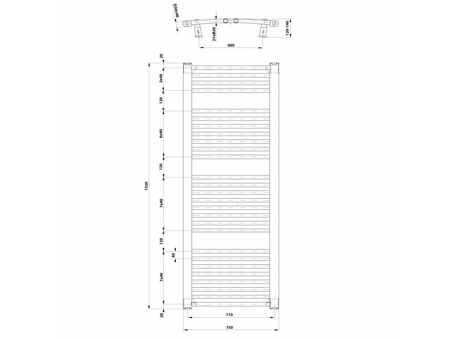 Aqualine ORBIT vykurovacie teleso s bočným pripojením 750x1320 mm, biela ILO37T