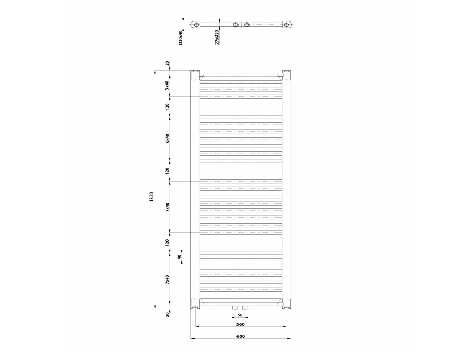 Aqualine DIRECT vykurovacie teleso so stredovým pripojením 600x1320 mm, biela ELM36T