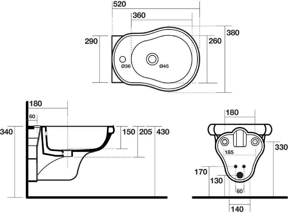 Kerasan RETRO bidet závesný 38x52cm, čierna mat 102631