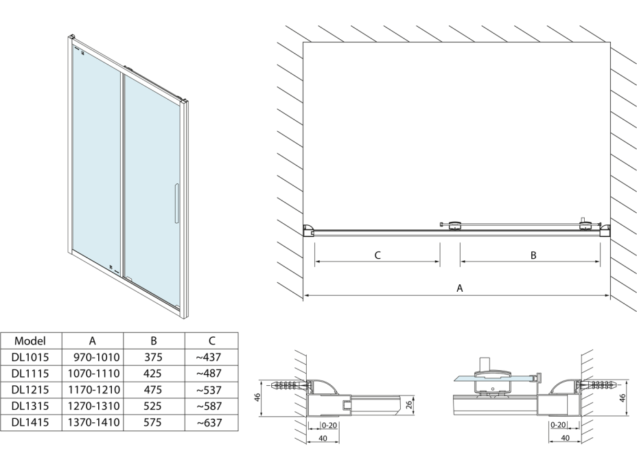 Polysan LUCIS LINE sprchové dvere 1400mm, číre sklo DL1415