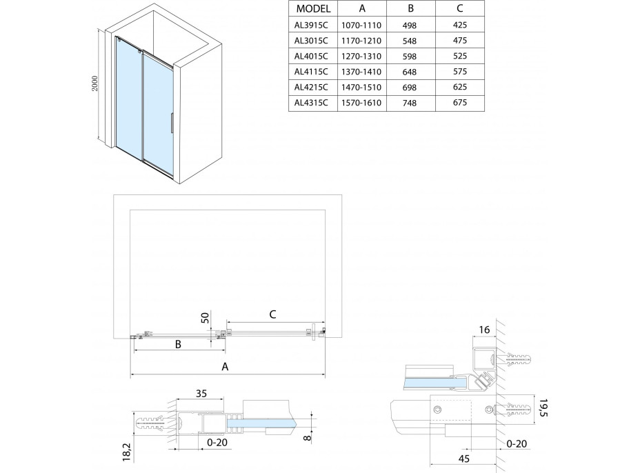 Polysan ALTIS LINE posuvné dvere 1170-1210mm, výška 2000mm, číre sklo AL3015C