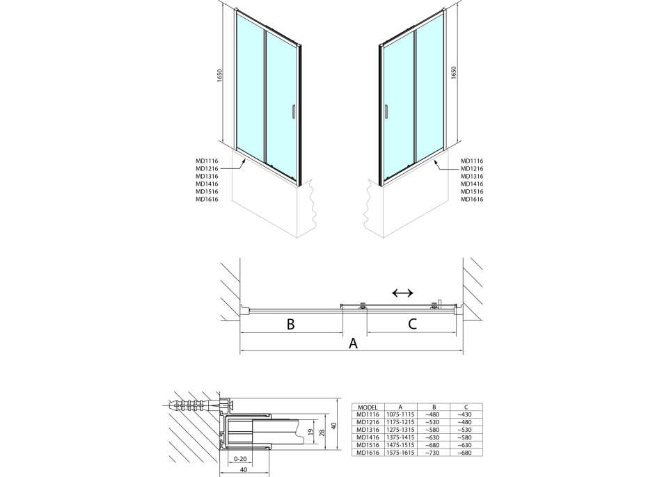 Polysan DEEP sprchové dvere 1100x1650mm, číre sklo MD1116