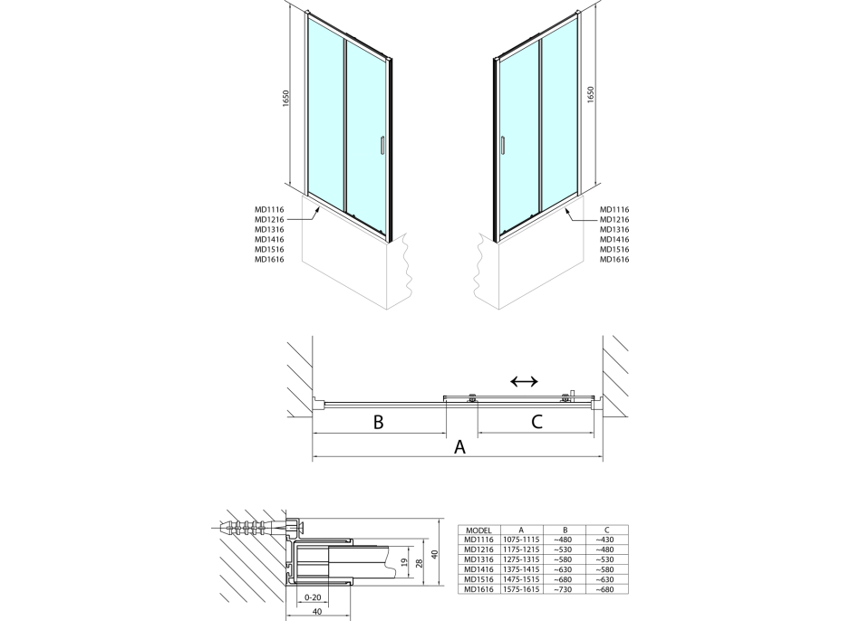 Polysan DEEP sprchové dvere 1200x1650mm, číre sklo MD1216