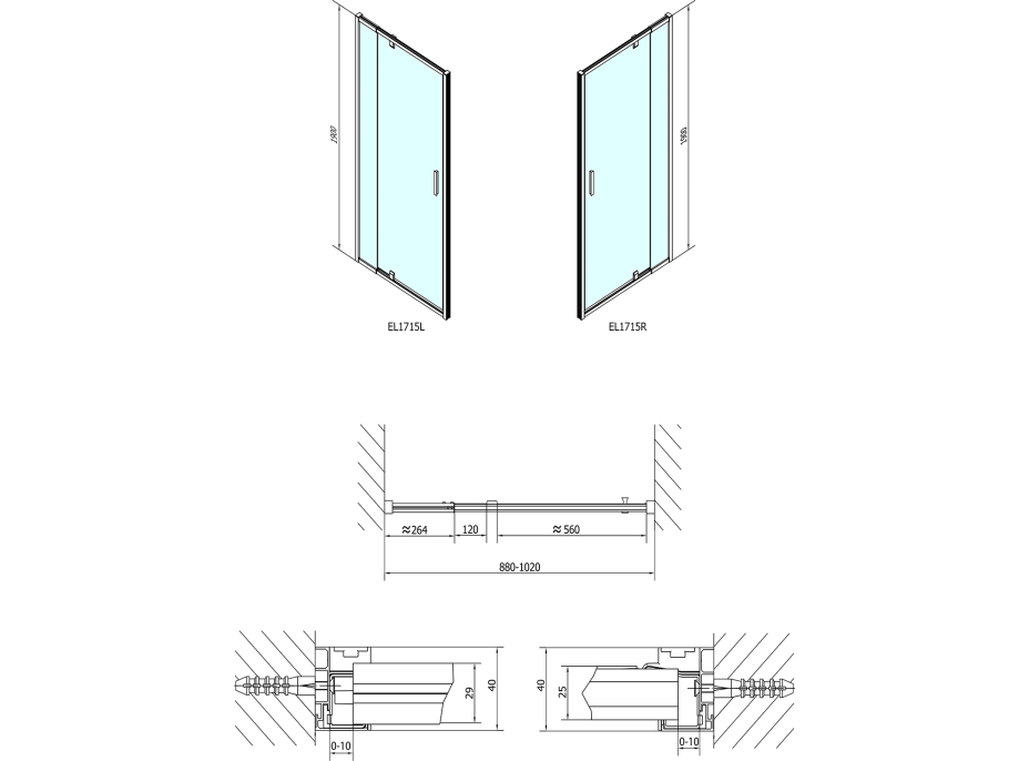 Polysan EASY LINE sprchové dvere otočné 880-1020mm, číre sklo EL1715