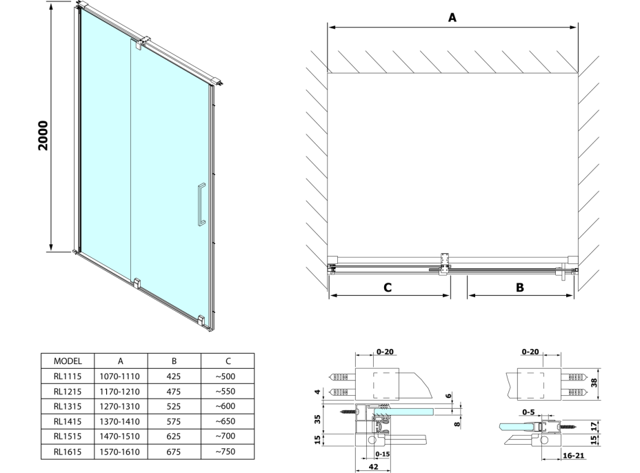 Polysan ROLLS LINE sprchové dvere 1300mm, výška 2000mm, číre sklo RL1315