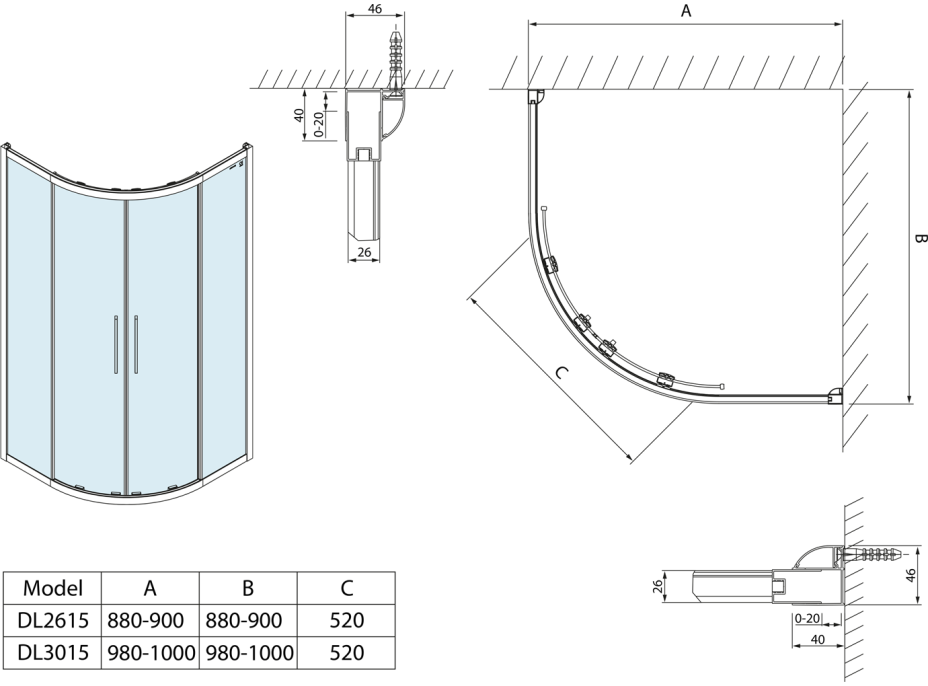 Polysan LUCIS LINE štvrťkruhová sprchová zástena, 1000x1000mm, R550, číre sklo DL3015