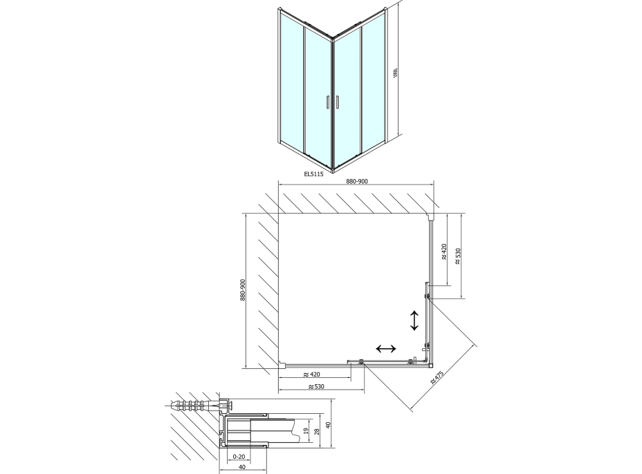 Polysan EASY LINE štvorcová sprchová zástena 900x900mm, číre sklo EL5115